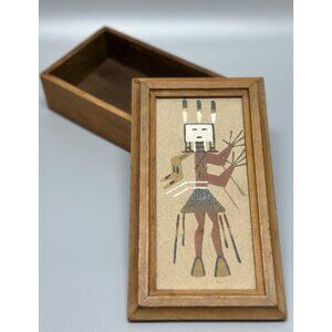 Native American Navajo Sand Painting Art Lid Wood Trinket Box Robert Curtis 4x7”